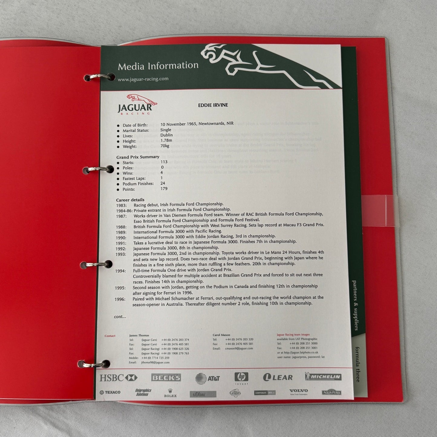 2001 Jaguar Racing Press Kit Formula 3 Formula One F1 Photos Eddie Irvine