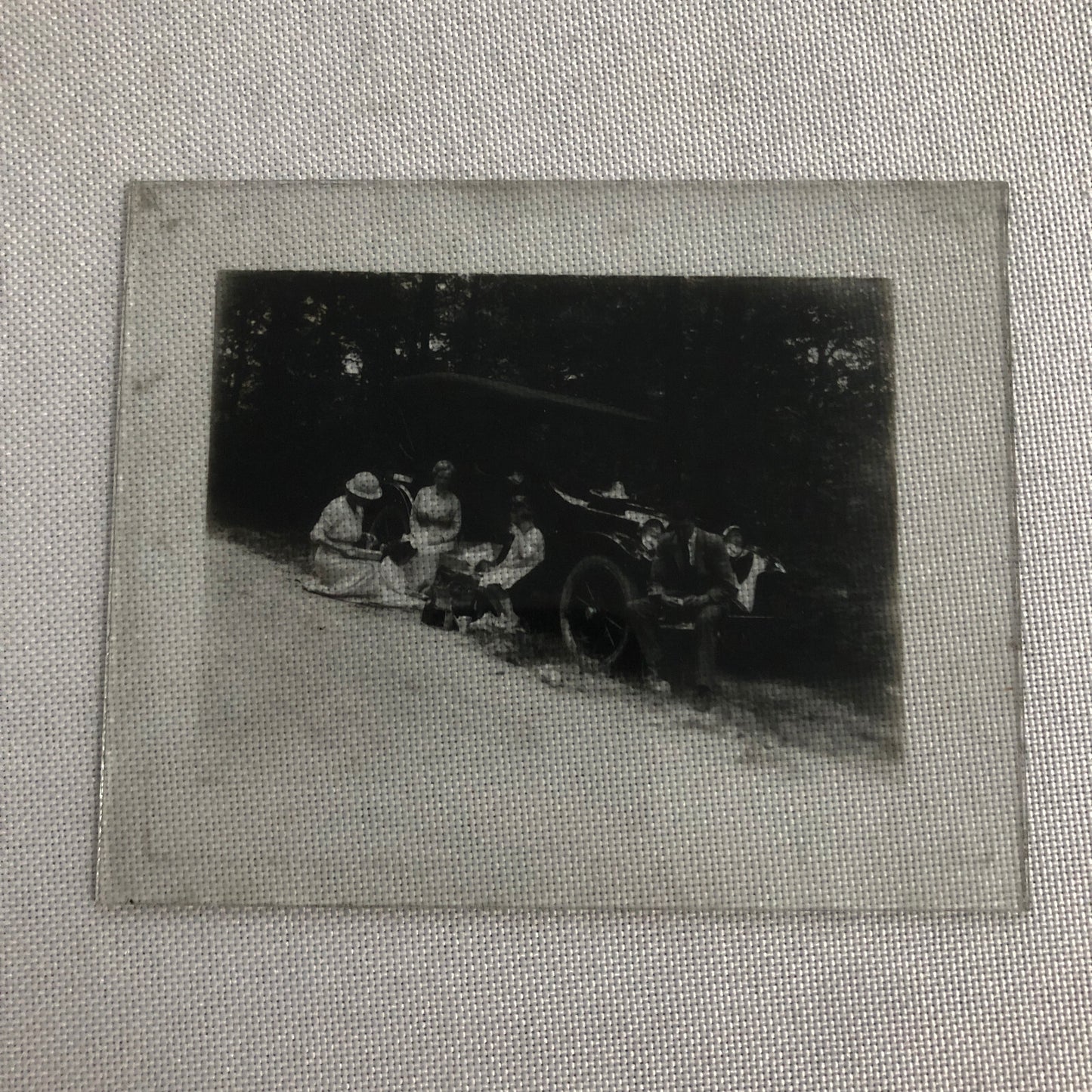 Antique Glass Plate Lantern Slide Photo Car Automobile People Picnic