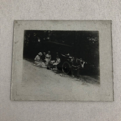 Antique Glass Plate Lantern Slide Photo Car Automobile People Picnic