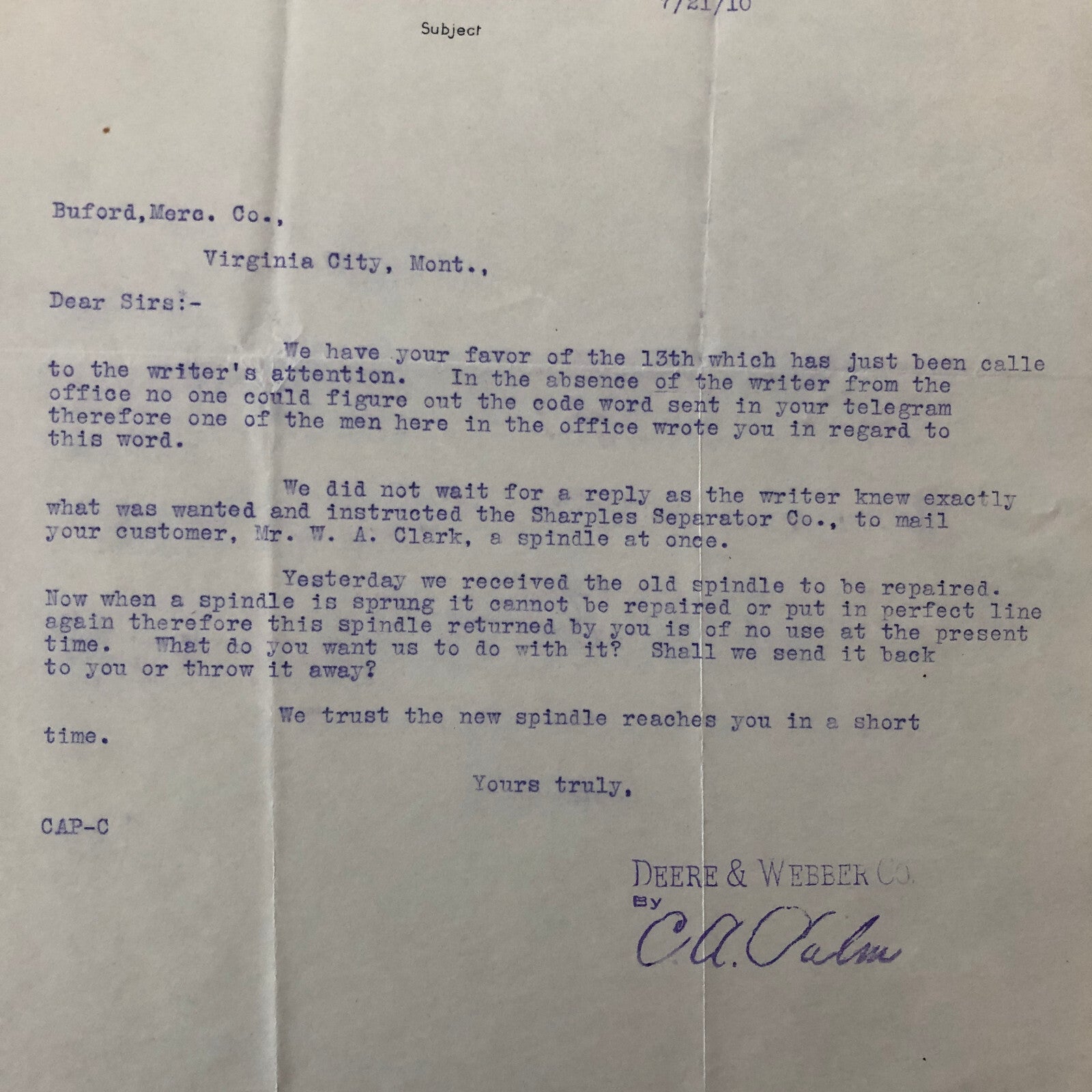 1910 John Deere and Webber Company Minneapolis Minnesota Letter Letterhead