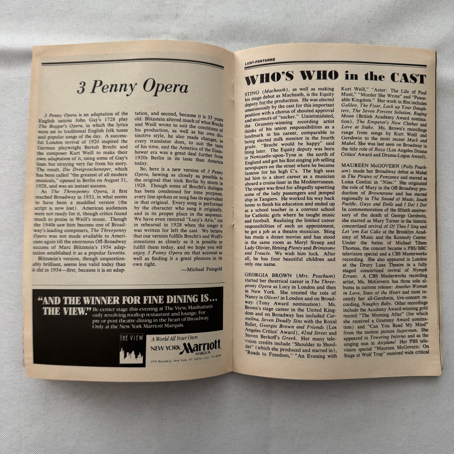 3 Penny Opera Cast Signed Playbill Autographed Sting Maureen McGovern 1989