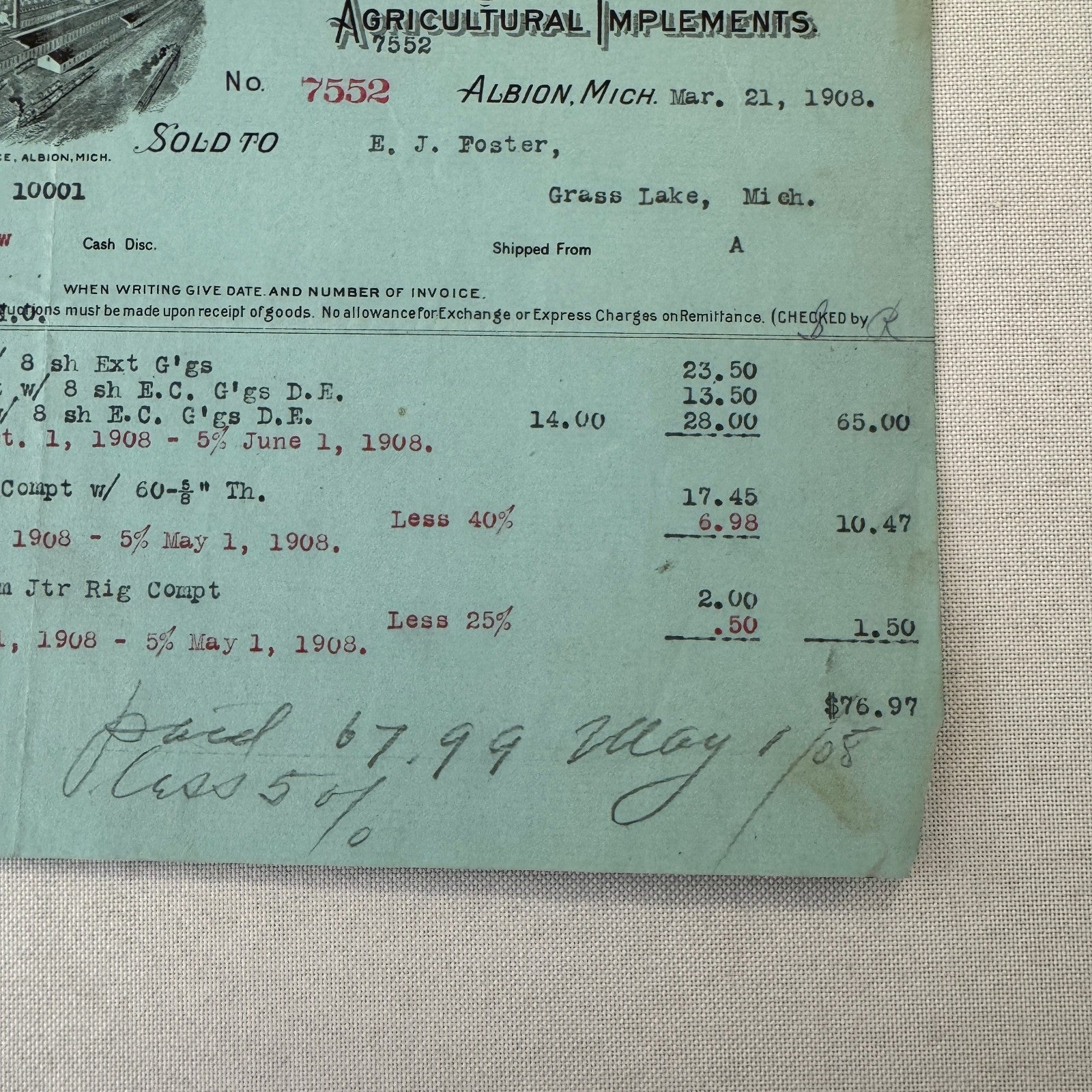 Gale Manufacturing Company Agricultural Implements Albion Michigan 1908 Document