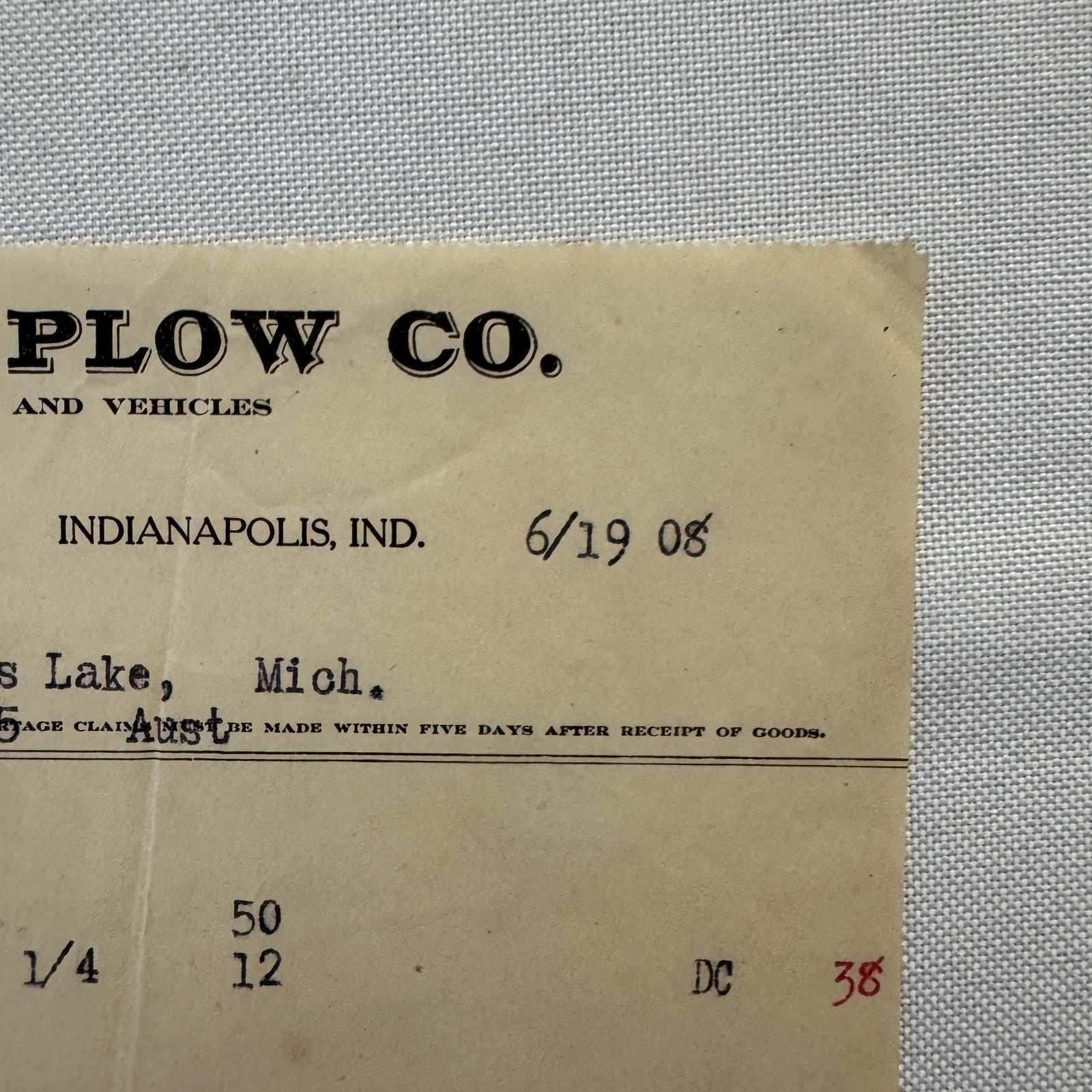 1908 John Deere Plow Company Antique Document Receipt Invoice Farm Equipment