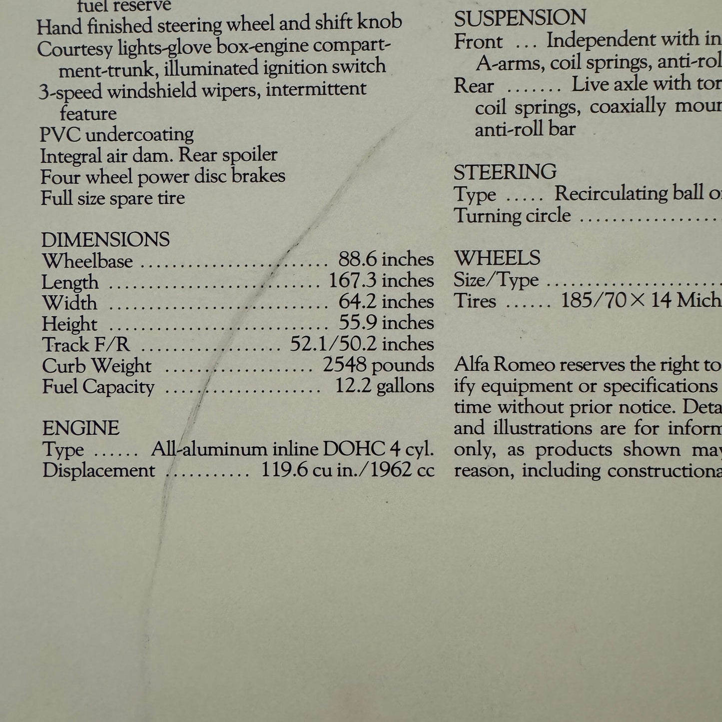 1985 Alfa Romeo Graduate Convertible Sales Sheet Brochure Advertising