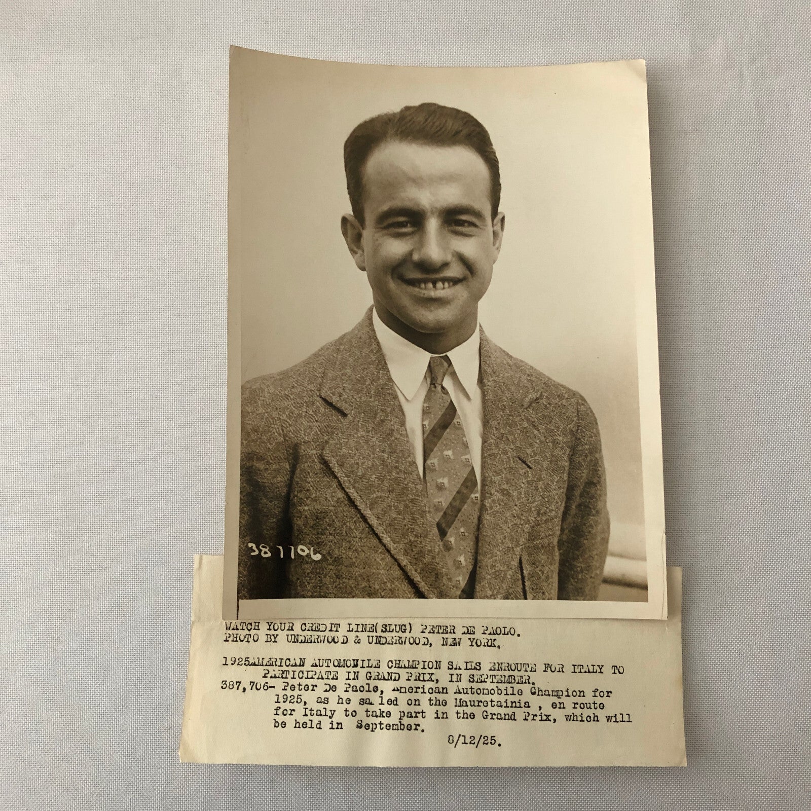 Press Photo 1925 Peter De Paolo Grand Prix Race in Italy Underwood & Underwood