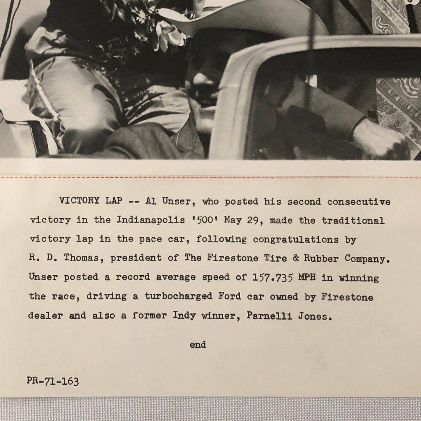 Indy Indianapolis 500 Racing Photo Photograph Al Unser Vintage 1971 ?