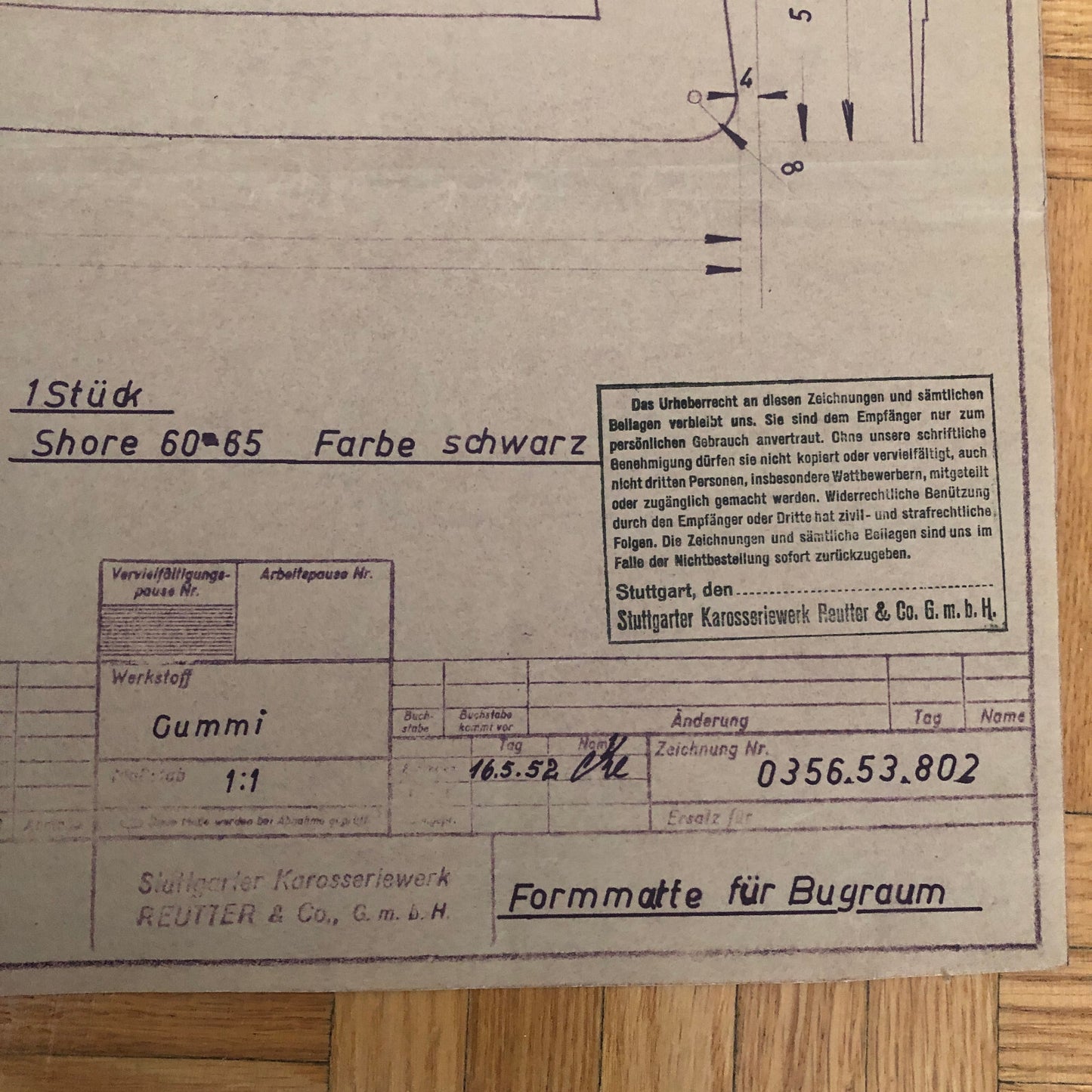 Vintage Porsche Reutter & Co Coachbuilder Factory Part Blueprint Document German
