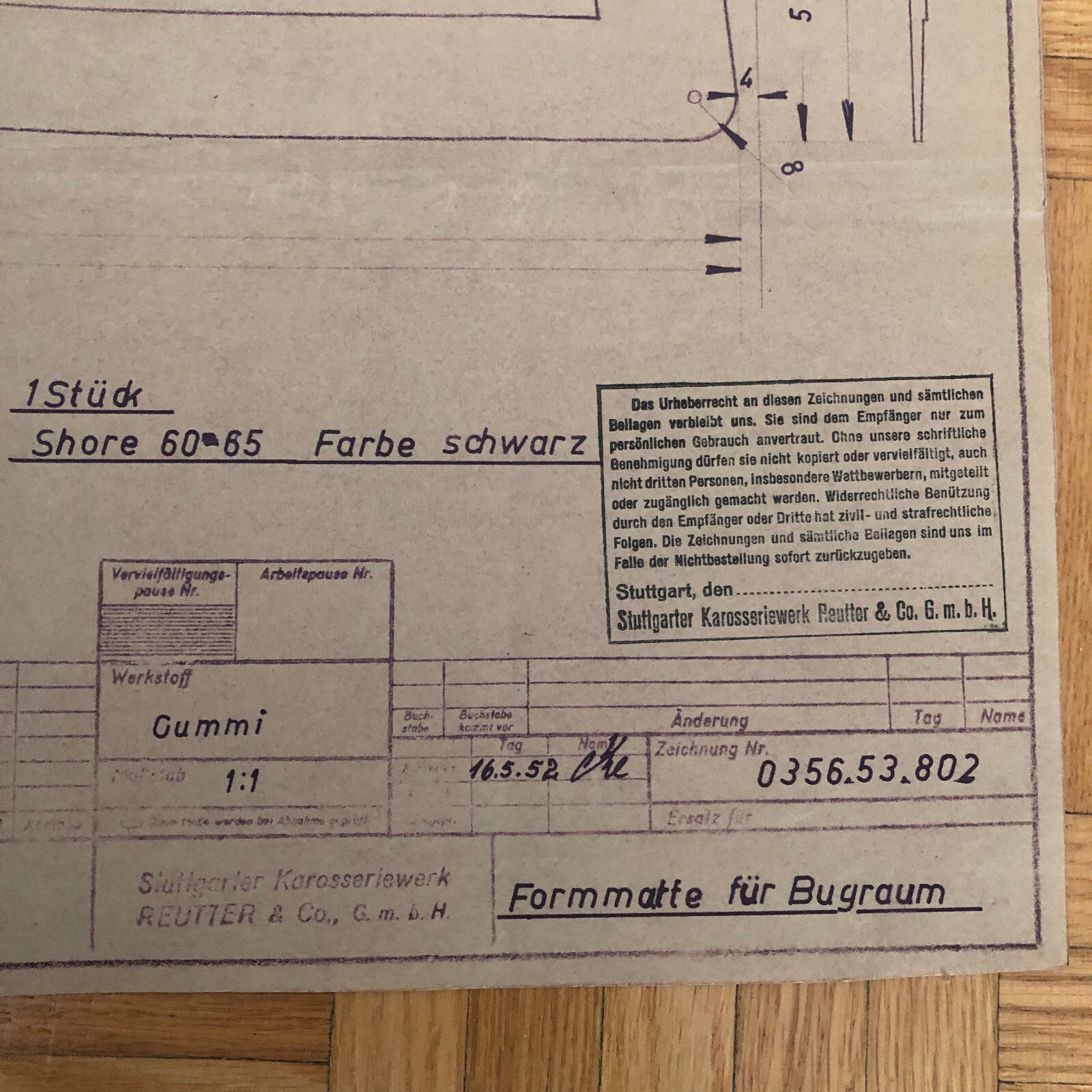 Vintage Porsche Reutter & Co Coachbuilder Factory Part Blueprint Document German