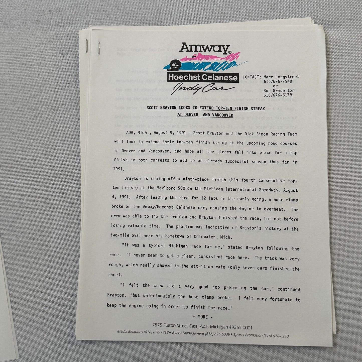 1991 Amway Indy Car Racing Press Kit Brochure Vintage Scott Brayton Driver