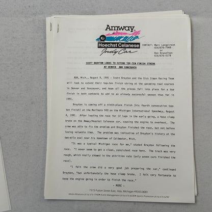 1991 Amway Indy Car Racing Press Kit Brochure Vintage Scott Brayton Driver