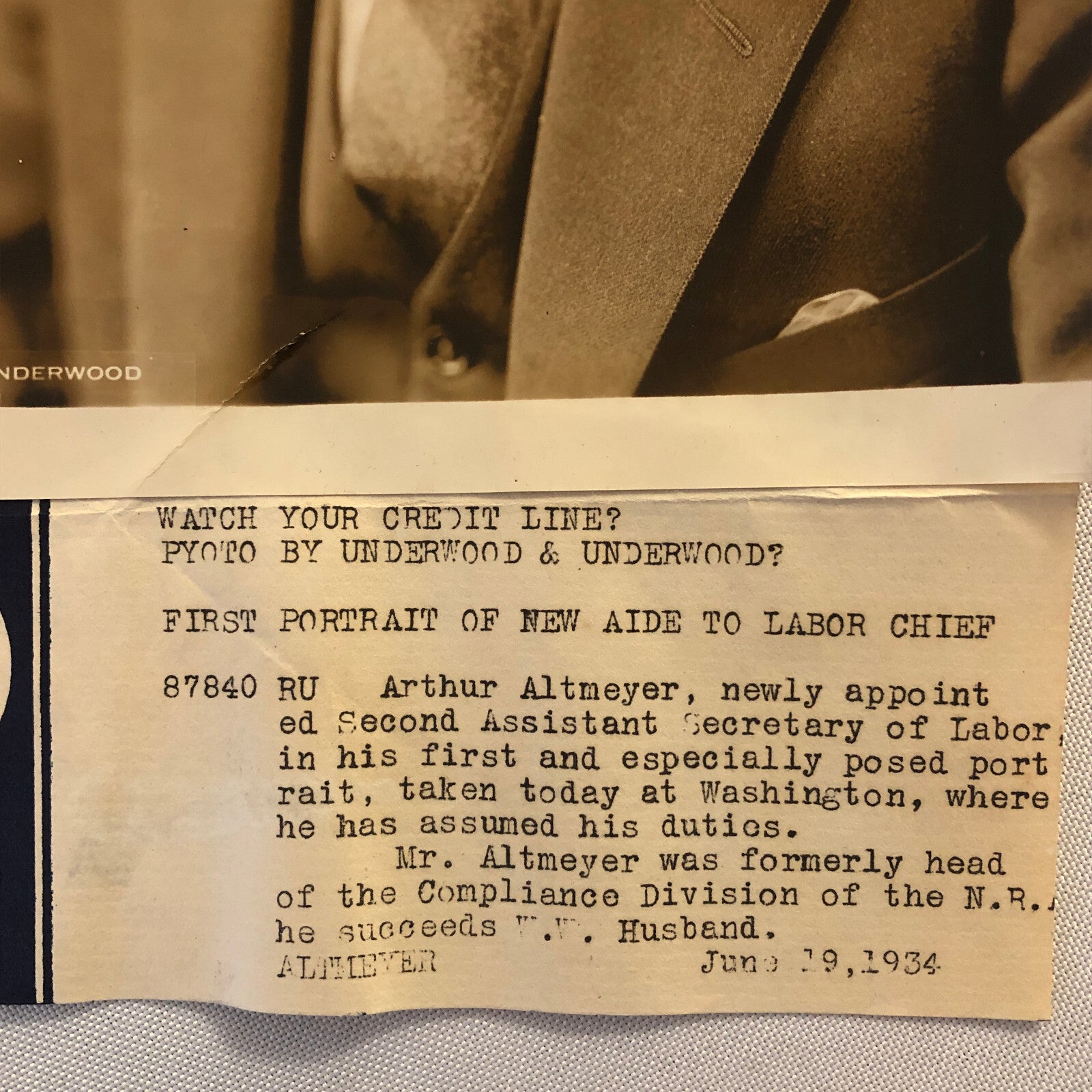 Press Photo Photograph Assistant Secretary of Labor Arthur Altmeyer 1934