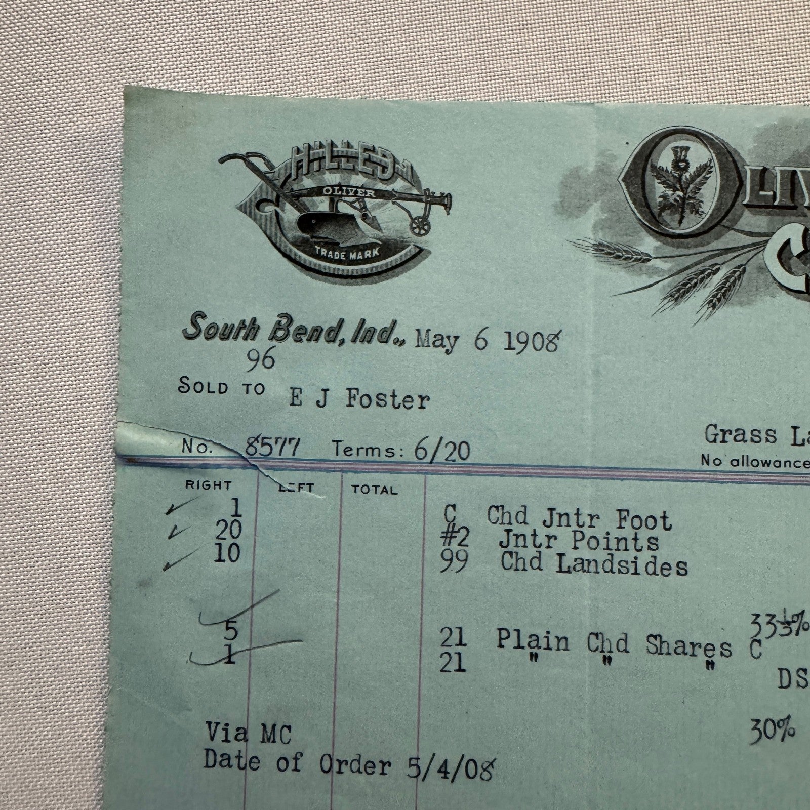 Oliver Chilled Plow Works Indiana Michigan Receipt Letterhead Document Lot 1908