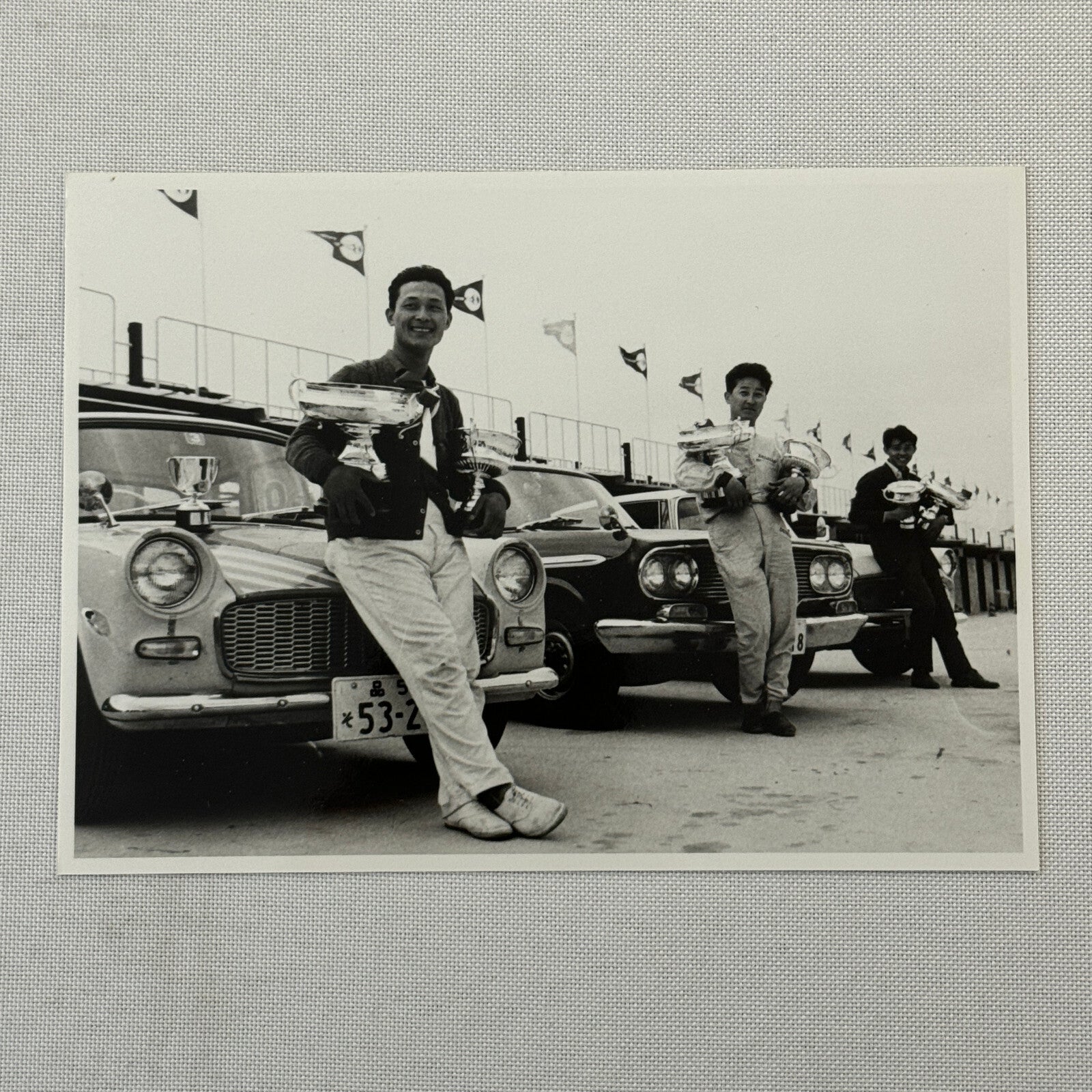 Vintage Toyota Car Factory Photo Photograph Drivers with Trophies Rally Race