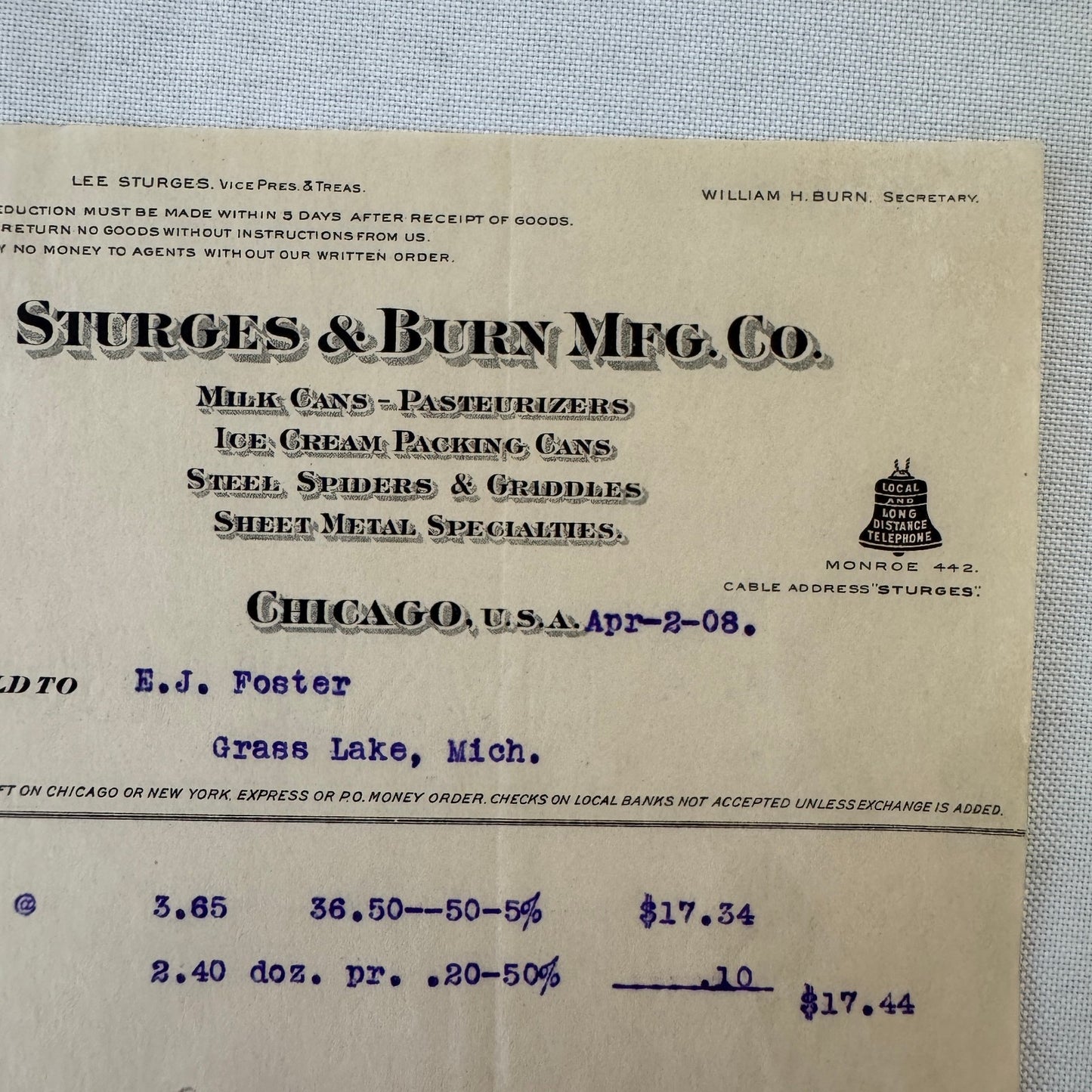 Sturges & Burn Manufacturing Company Chicago 1908 Invoice Document Lot 2x Cans