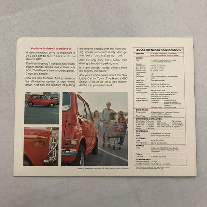 Vintage Honda 600 Sedan Car Sales Brochure Catalog Advertising