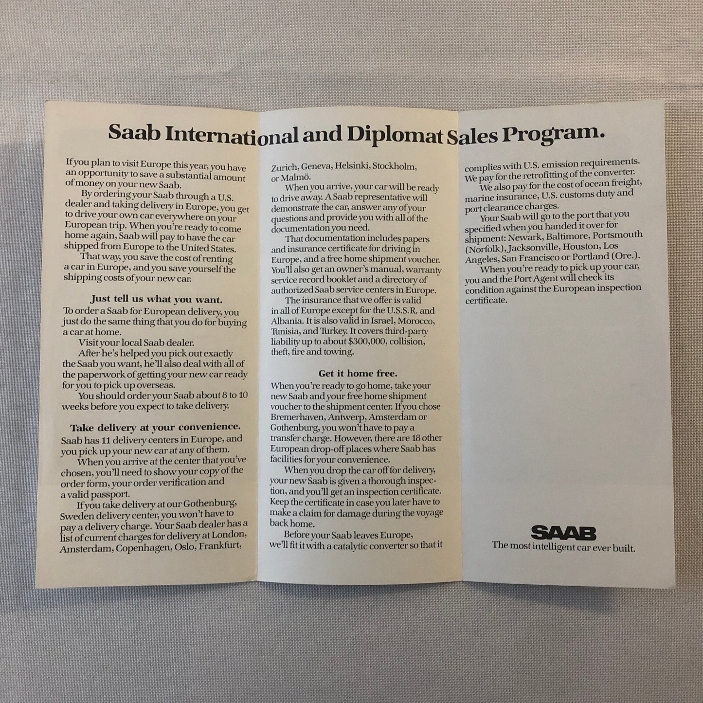 Vintage Saab 900 International Delivery and Diplomat Sales Program Brochure