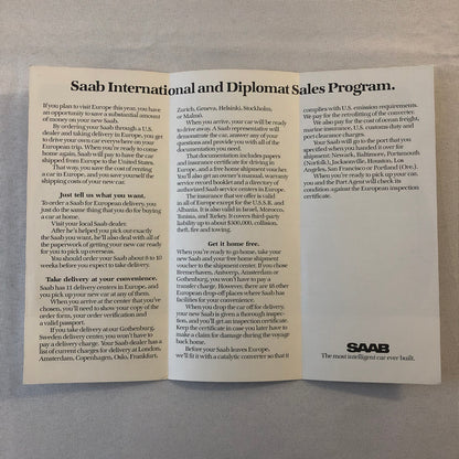 Vintage Saab 900 International Delivery and Diplomat Sales Program Brochure