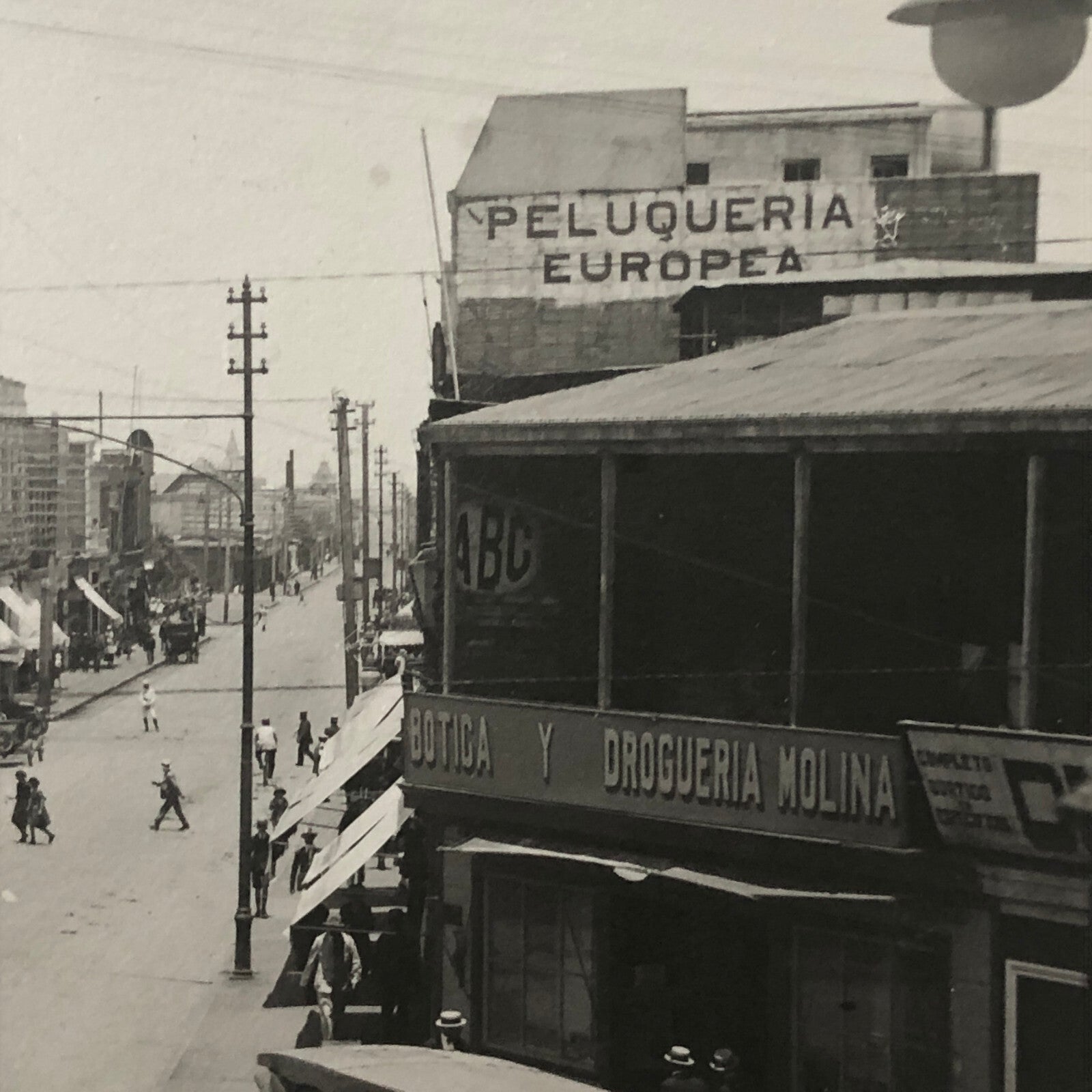 Vintage Street Scene Photo Photograph Spanish Shops Cars People South America ? 
