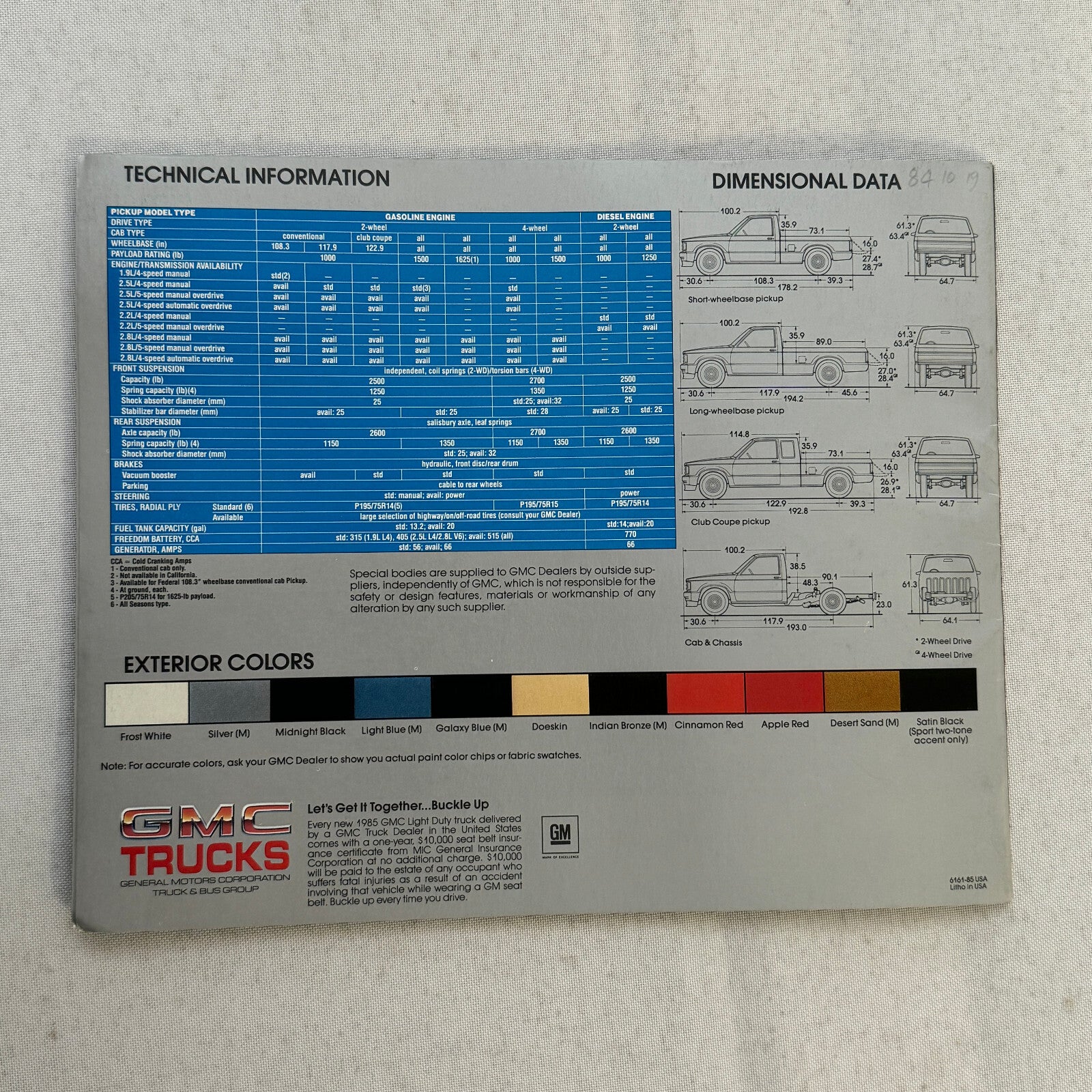 1985 GMC S-15 Pickup S15 Pickup Truck Sales Brochure Catalog Advertising