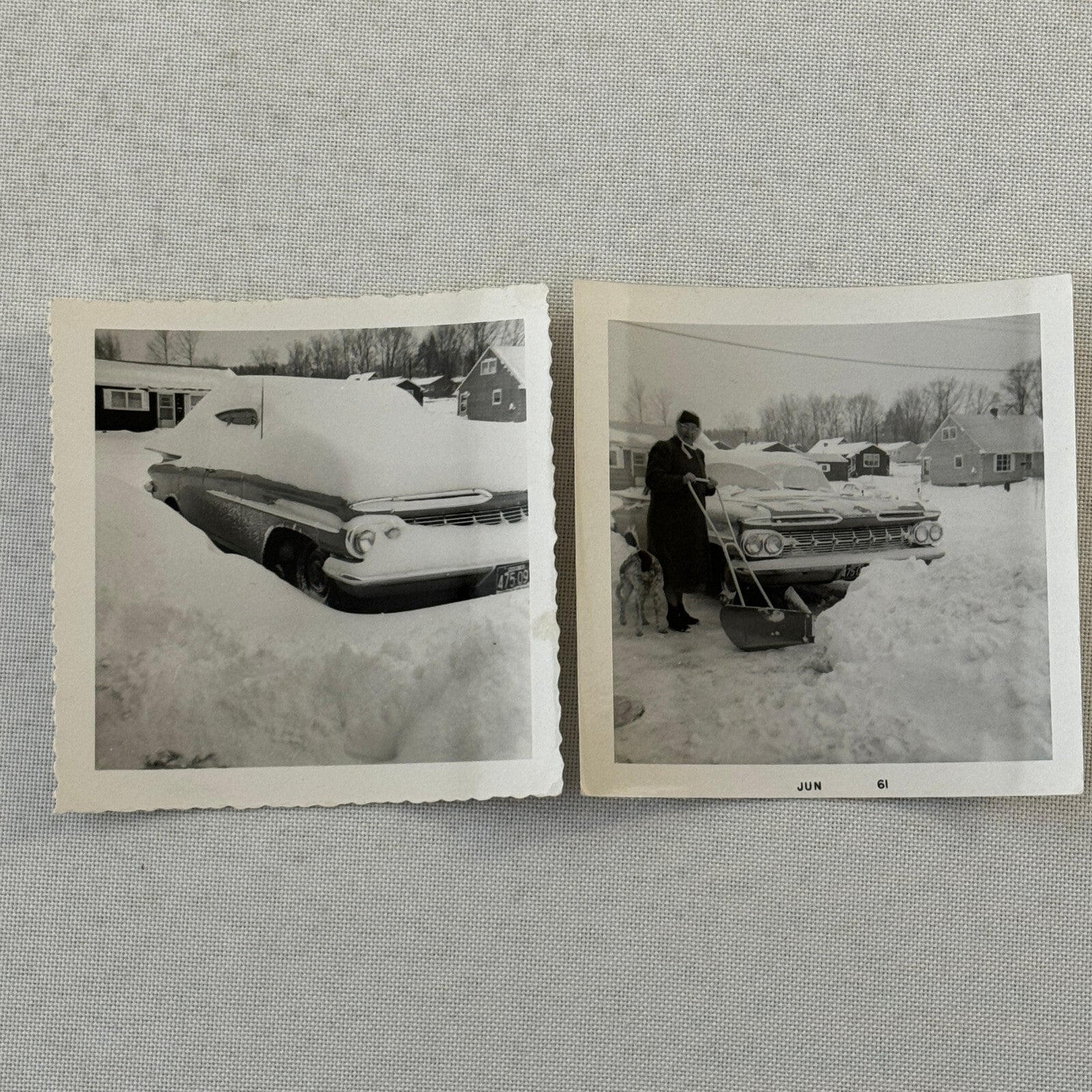 Woman Shovelling Snow with Car Snapshot Photo Photograph Lot 2x