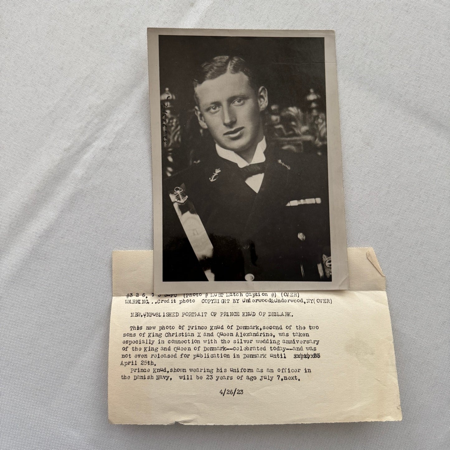 Prince Knud of Denmark Royal Navy Press Photo w/ Caption – 1923 Danish Royalty