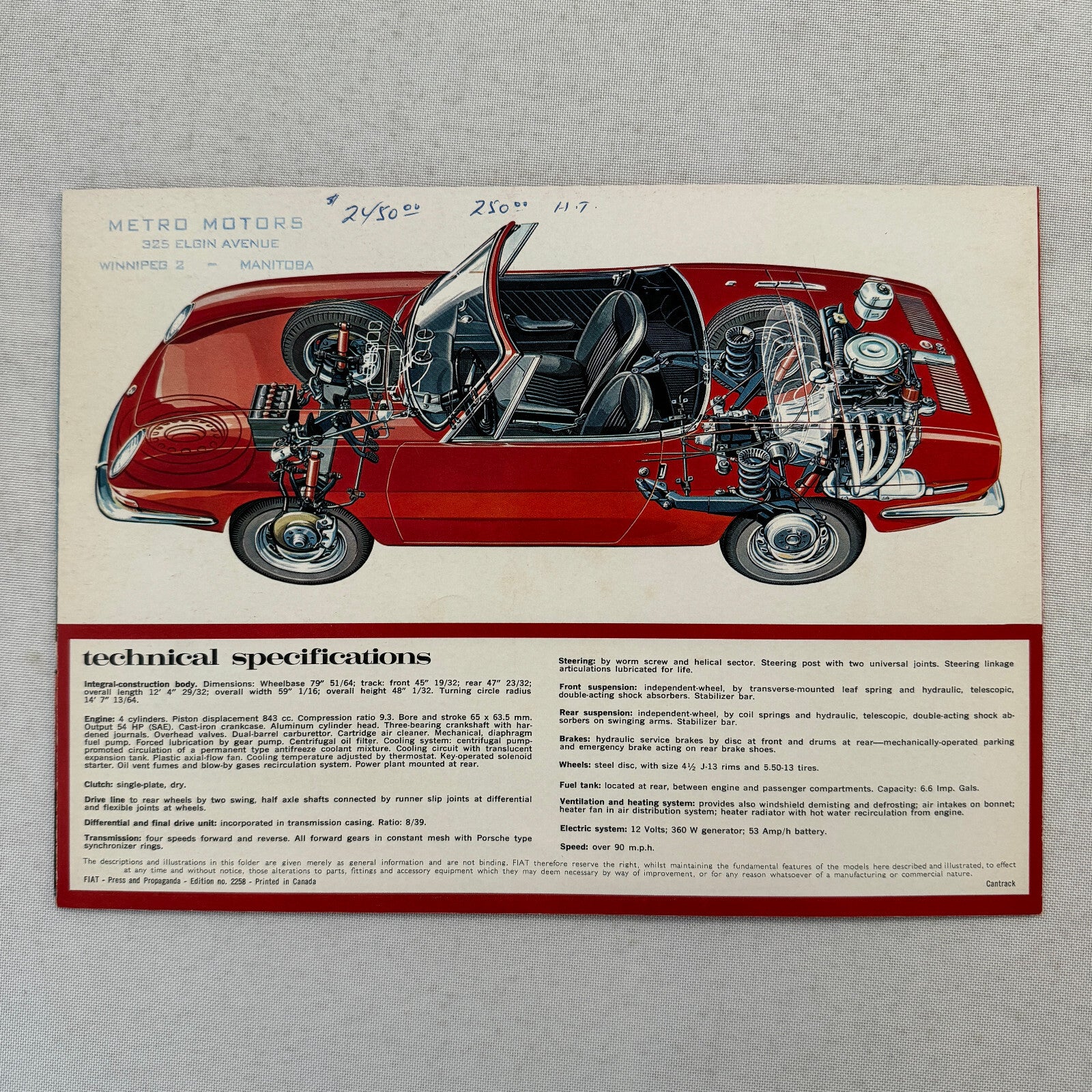 Fiat 850 Spider Convertible Roadster Car Sales Brochure Catalog Canadian Vintage