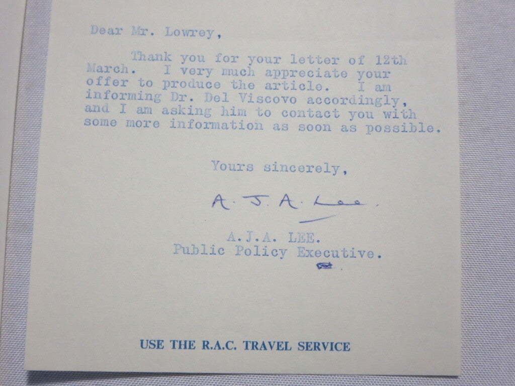 1964 Royal Automobile Club Letter Letterhead to Joseph Lowrey Journalist RAC 