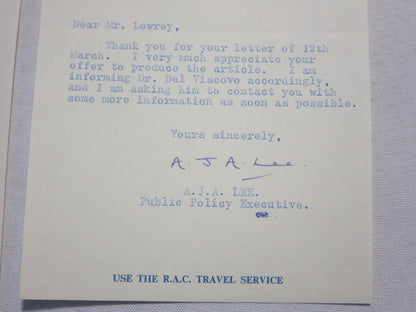 1964 Royal Automobile Club Letter Letterhead to Joseph Lowrey Journalist RAC 