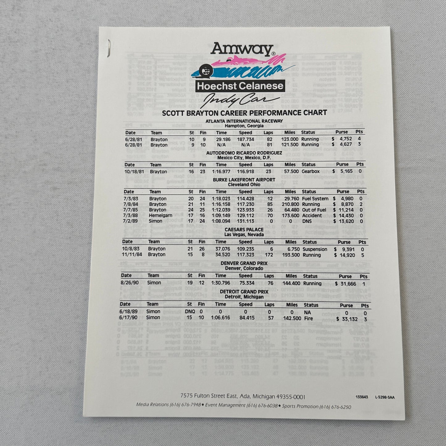 1991 Amway Indy Car Racing Press Kit Brochure Vintage Scott Brayton Driver