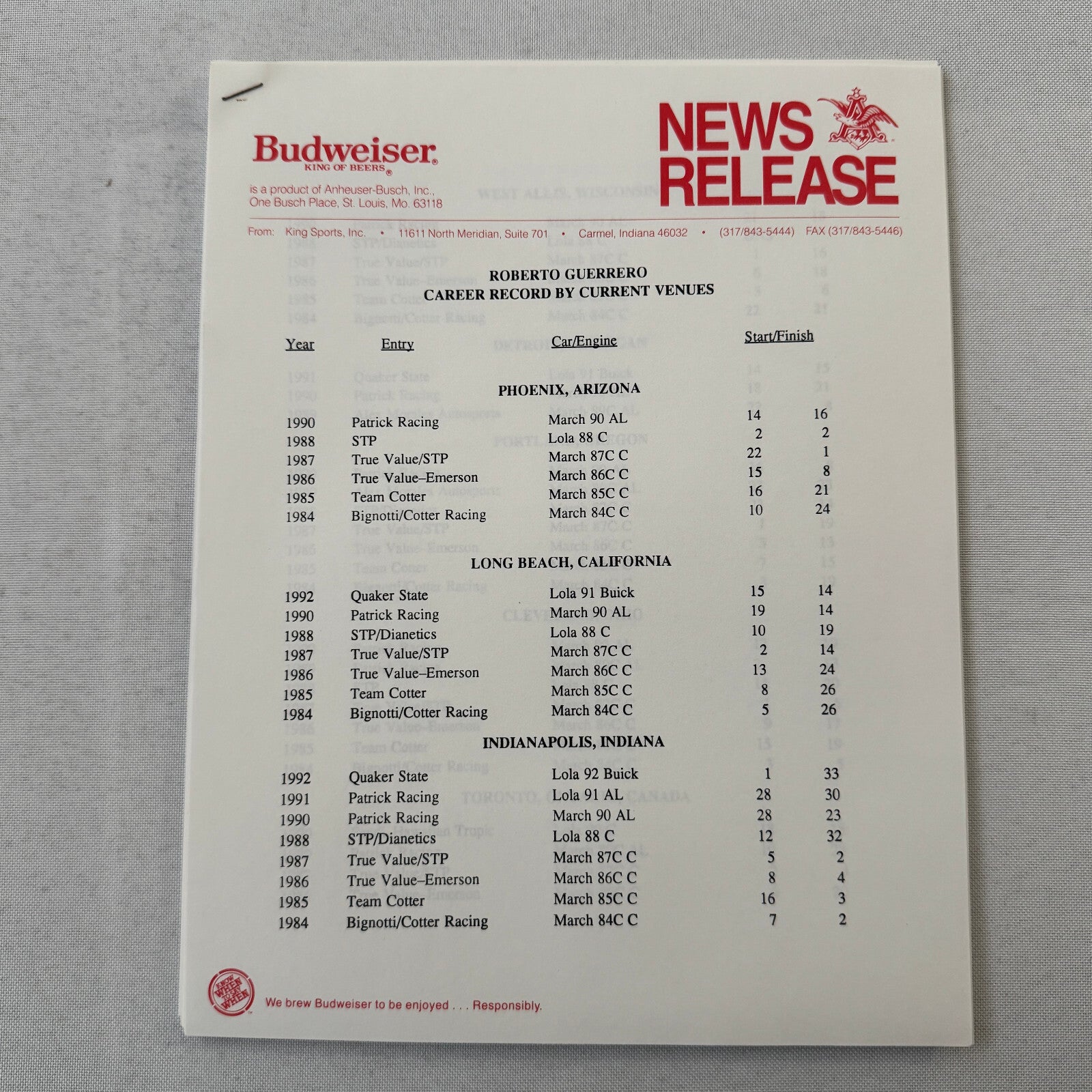 1993 Budweiser King Indy Car Racing Press Kit Roberto Guerrero