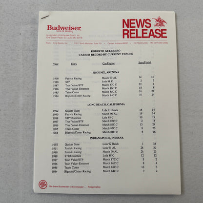 1993 Budweiser King Indy Car Racing Press Kit Roberto Guerrero