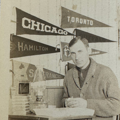 Vintage Photo Photograph Man with City Pennants Chicago Toronto Hamilton Sports