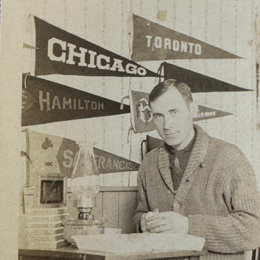 Vintage Photo Photograph Man with City Pennants Chicago Toronto Hamilton Sports
