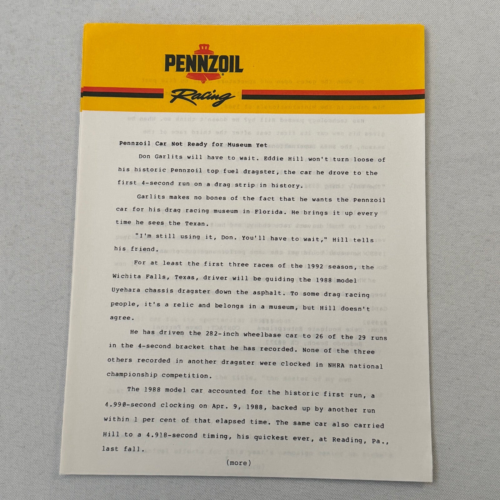 Vintage Pennzoil Racing Press Kit Top Fuel Dragster Pontiac Trans Am