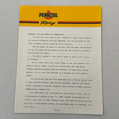 Vintage Pennzoil Racing Press Kit Top Fuel Dragster Pontiac Trans Am