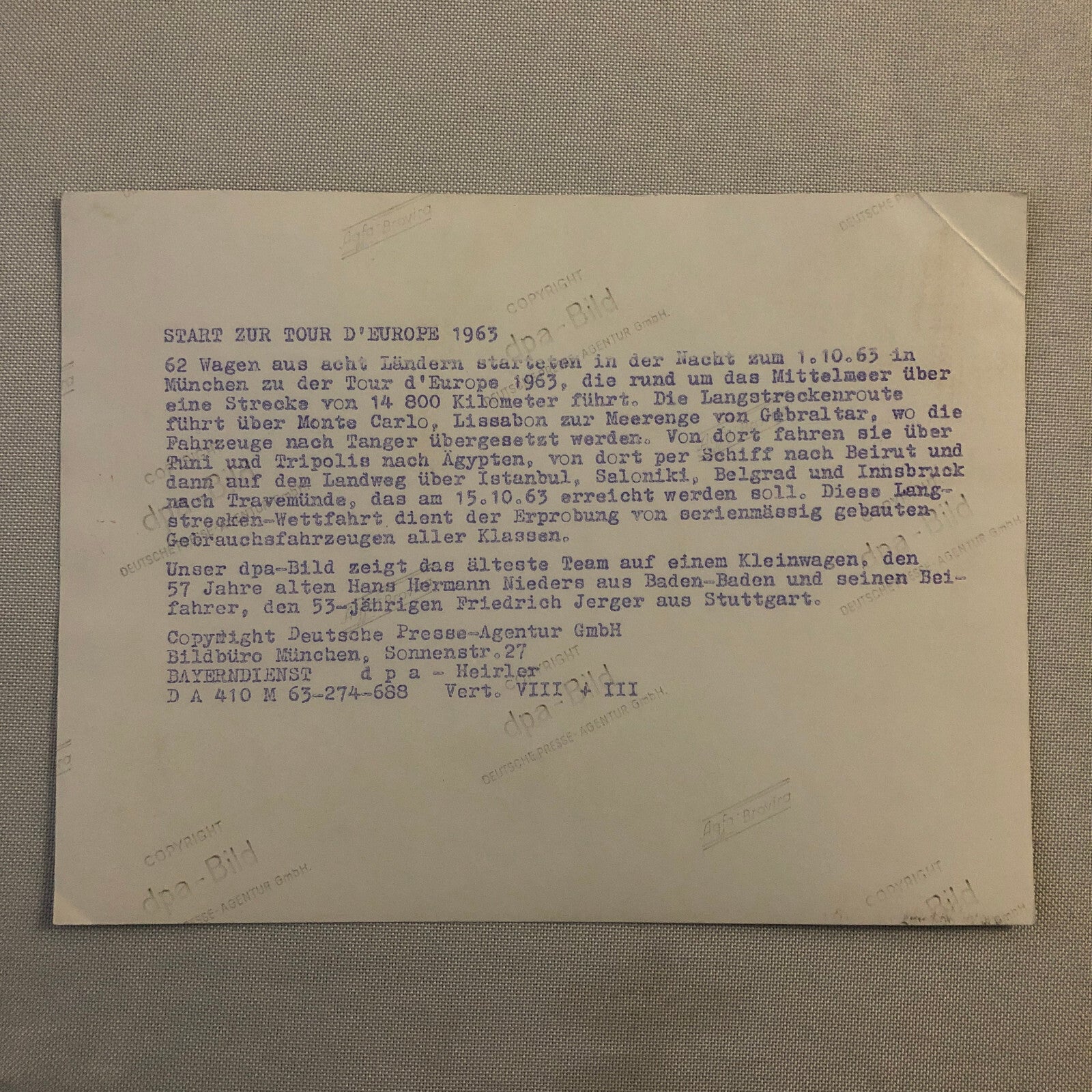 Vintage 1963 Tour d'Europe Car Rally Rallye Racing Press Photo Photograph 