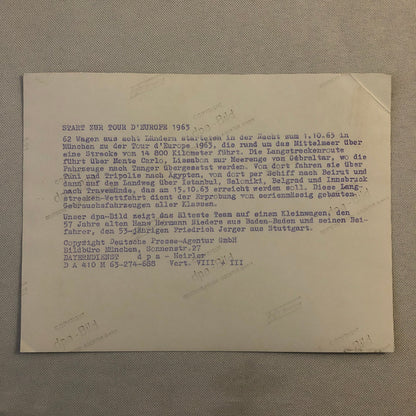 Vintage 1963 Tour d'Europe Car Rally Rallye Racing Press Photo Photograph 