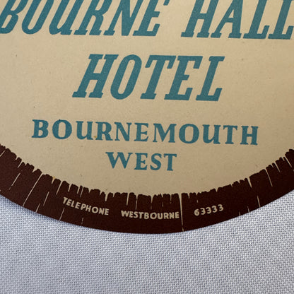 Vintage Travel Label Bourne Hall Hotel Bournemouth West UK England