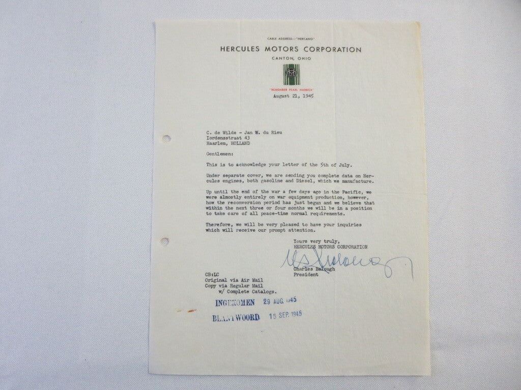 1945 Hercules Motors Corporation Letter Letterhead Gas & Diesel Engine 
