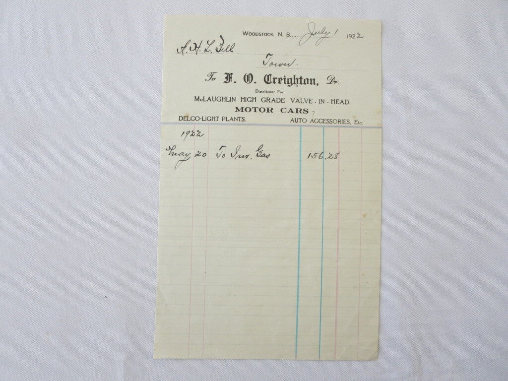 1922 Mclaughlin Motor Car Dealership Invoice Document Letter Form 