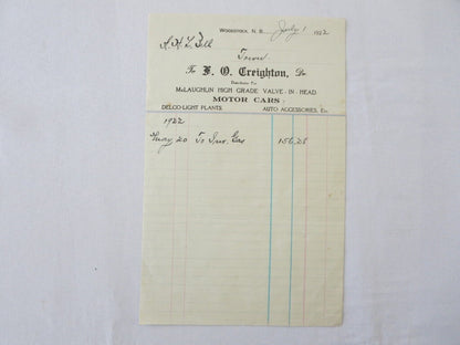 1922 Mclaughlin Motor Car Dealership Invoice Document Letter Form 