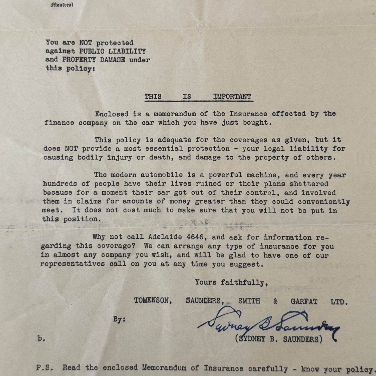 Vintage Toronto Federal Insurance Company Letterhead Letter Document