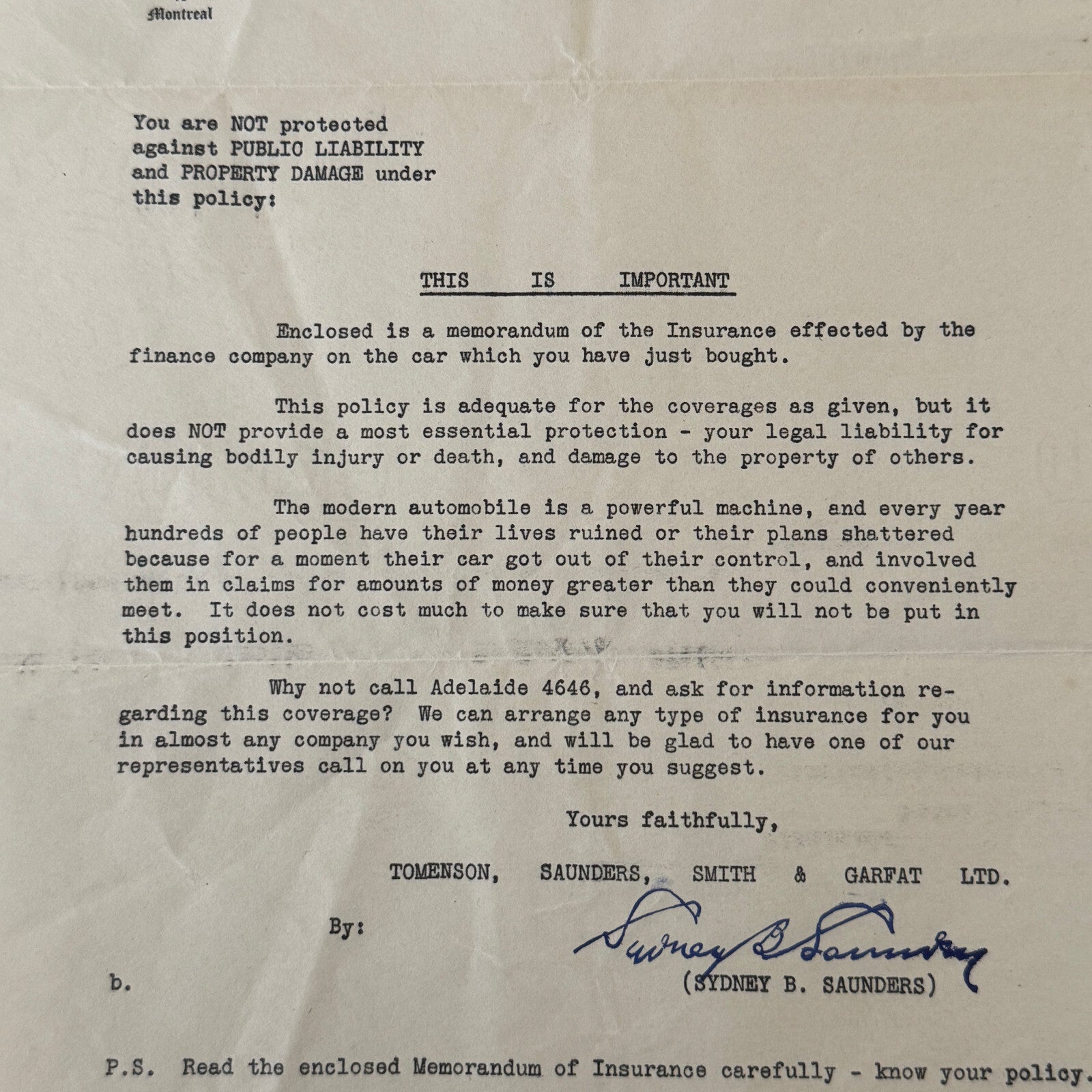 Vintage Toronto Federal Insurance Company Letterhead Letter Document