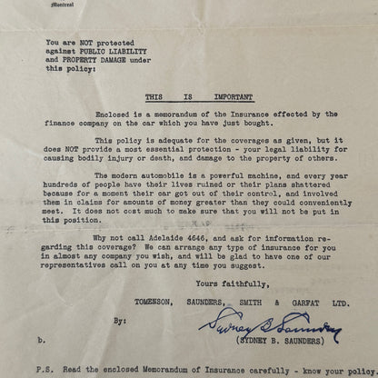 Vintage Toronto Federal Insurance Company Letterhead Letter Document