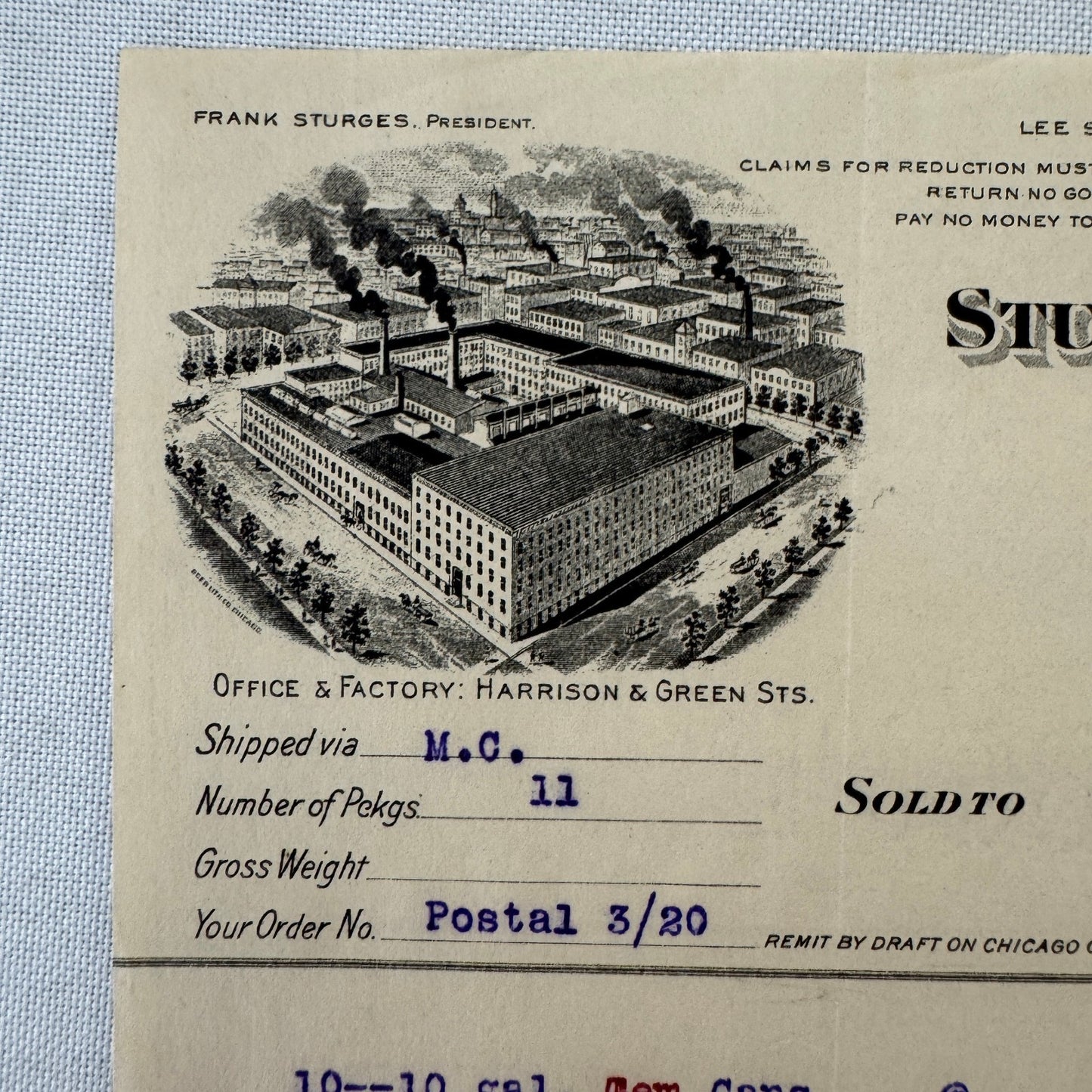 Sturges & Burn Manufacturing Company Chicago 1908 Invoice Document Lot 2x Cans