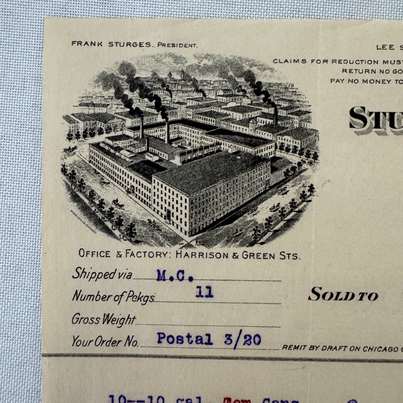 Sturges & Burn Manufacturing Company Chicago 1908 Invoice Document Lot 2x Cans
