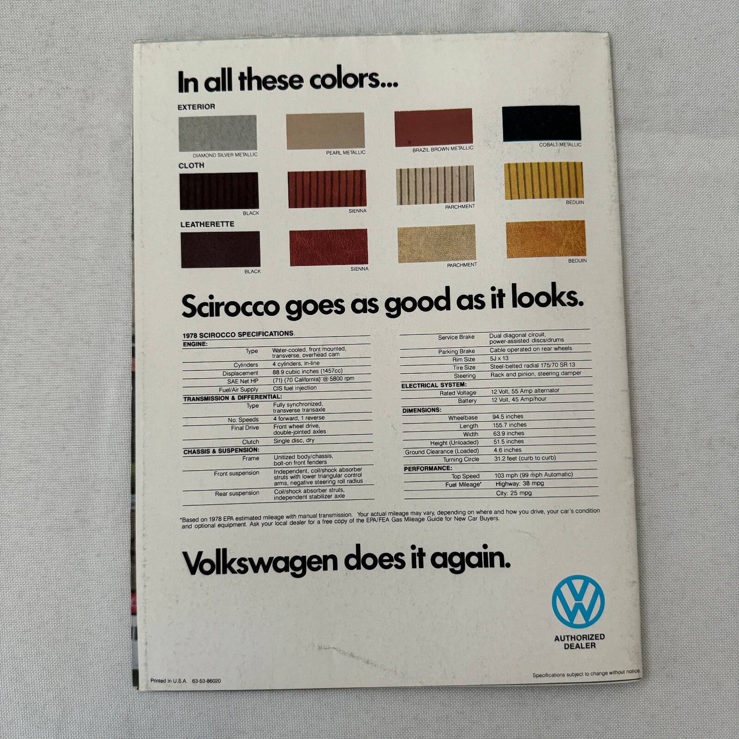 1978 Volkswagen VW Scirocco Car Sales Brochure Poster Advertising
