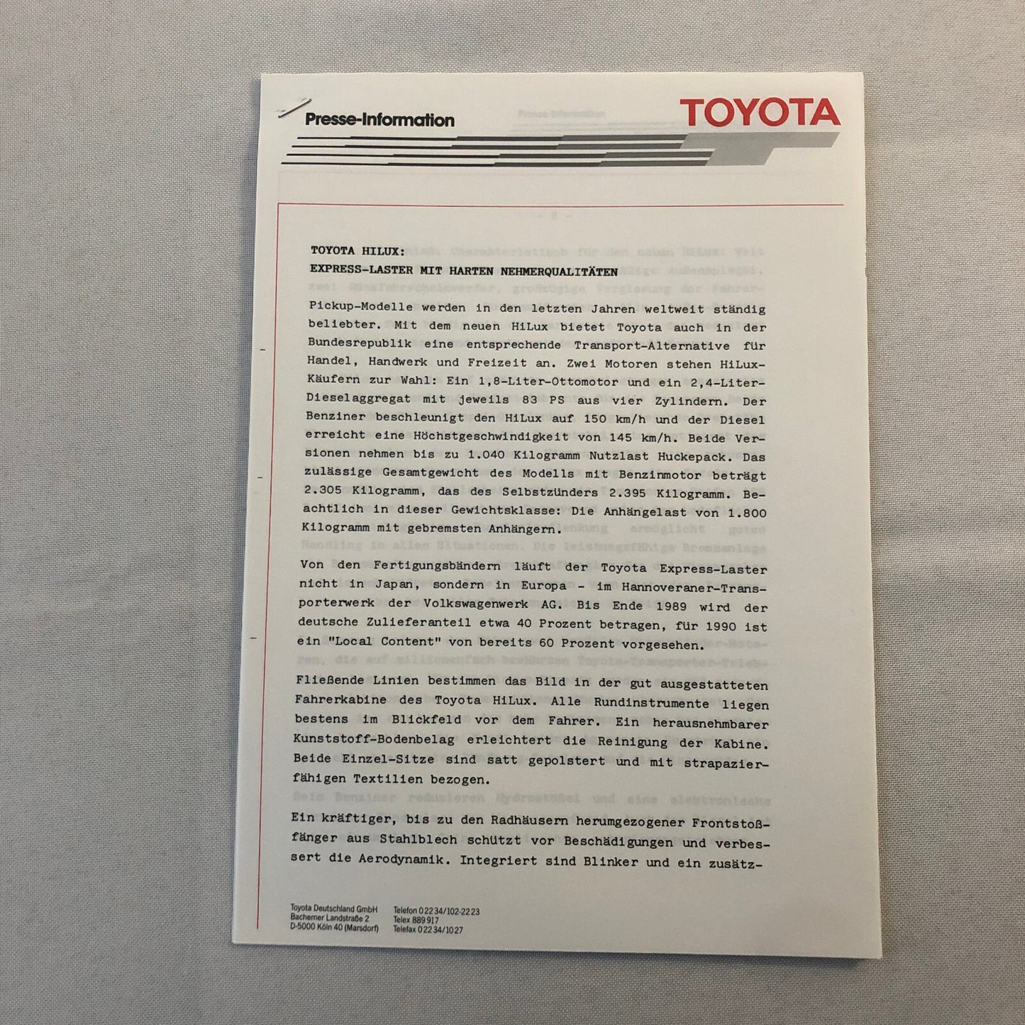 1989 Toyota Truck Press Kit with Photos Liteace Hiace Hilux Model F GERMAN Text