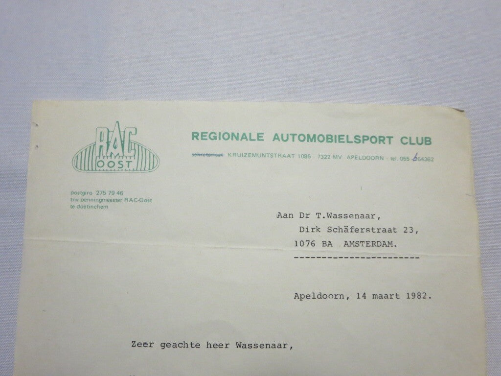 1982 RAC Regionale Automobielsport Club Oost Car Rally Racing Letter Letterhead
