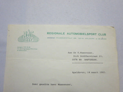 1982 RAC Regionale Automobielsport Club Oost Car Rally Racing Letter Letterhead